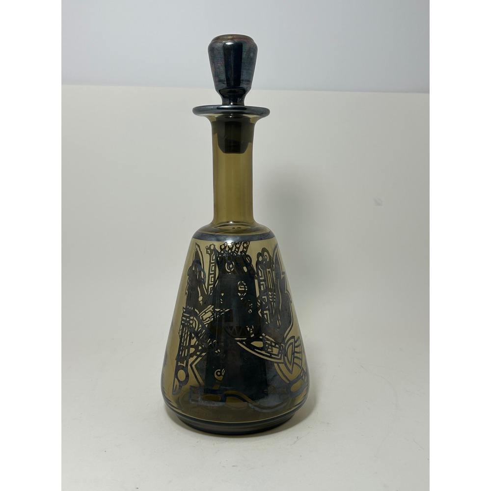 Vintage Peruvian Art Glass Decanter Silver Overlay Incan Aztec Motif Handmade